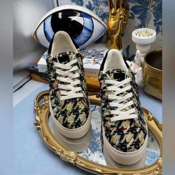 🆕 KURT GEIGER LONDON 🧿 NWOB Laney Eye Gold Rainbow Tweed Sneaker, Sz 37 US 7 - Picture 6 of 14